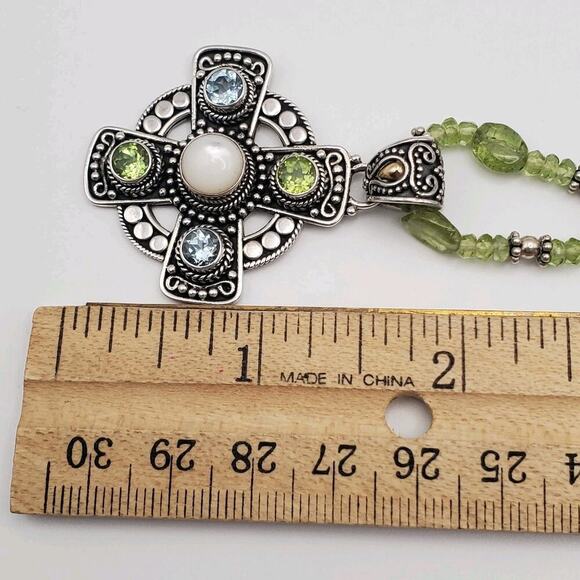 Suarti BA 925 Sterling Silver 18K Gold Topaz Peridot MOP Cross Pendant Necklace - Picture 6 of 7